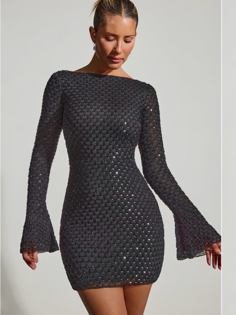 Elegant Black Sequin Long-Sleeve Mini Dress
